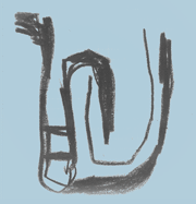 a rough crayon drawing of an abstract inwardly turning oval shape, in black ink on blue paper